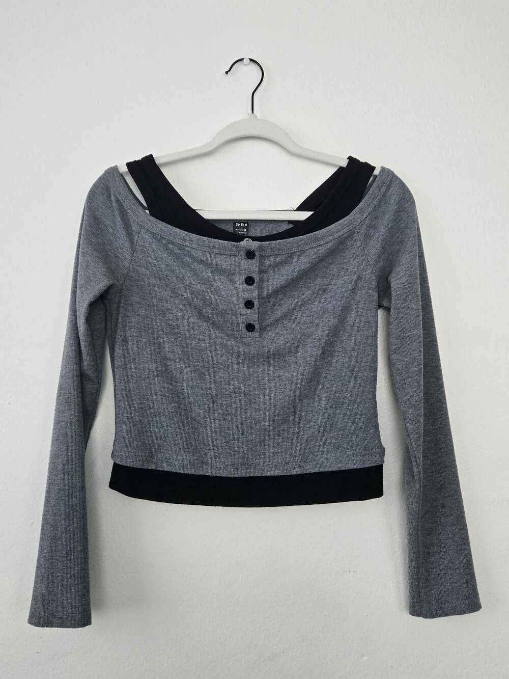 Grey Off-Shoulder Crop Top with Black Trim